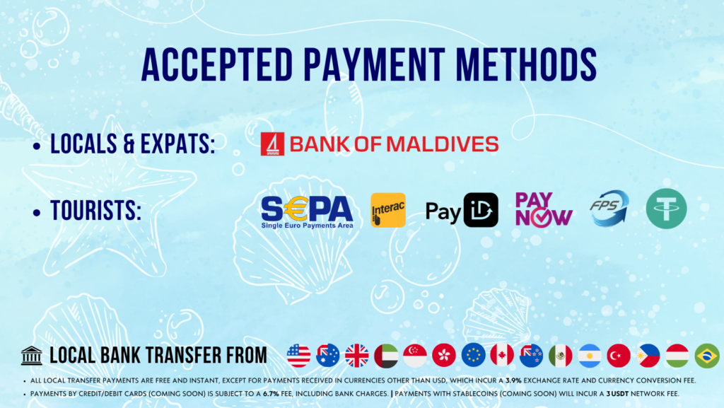 payment methods accepted for speedboats maldives dhigurah fulidhoo gulhi fulhadhoo